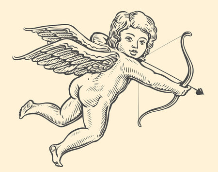 Cupid aiming a bow and arrow. Valentines Day symbol. Flying angel child, vector illustrationのイラスト素材
