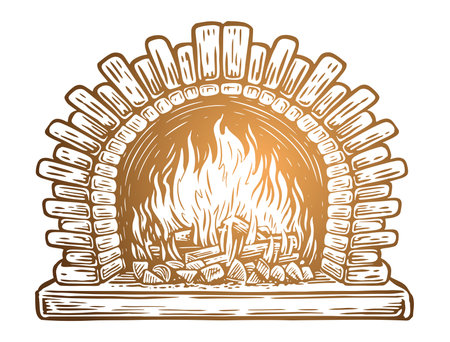Logs are burning in fireplace. Fire in stone oven. Vector illustrationのイラスト素材