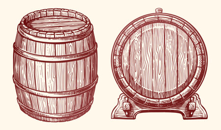 Wooden barrel, set. Oak cask sketch style. Hand drawn vintage vector illustrationのイラスト素材
