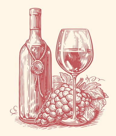 Wine bottle and wineglass, grape. Winery sketch. Hand drawn vintage vector illustrationのイラスト素材