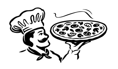 Chef cook with pizza tray in hand, emblem. Restaurant or pizzeria logo. Black and white drawing illustrationの写真素材
