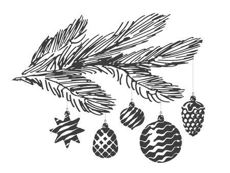 Christmas decorations and balls on fir tree branch. Hand drawn sketch vintage isolated drawingのイラスト素材