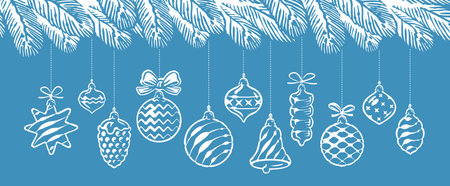 Christmas background with fir branches and balls, decorations. New year holiday banner vector illustrationのイラスト素材