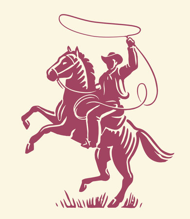 Cowboy man with lasso on horse. Ranch, cattle ranching, rodeo emblem or symbol. Vector illustrationのイラスト素材