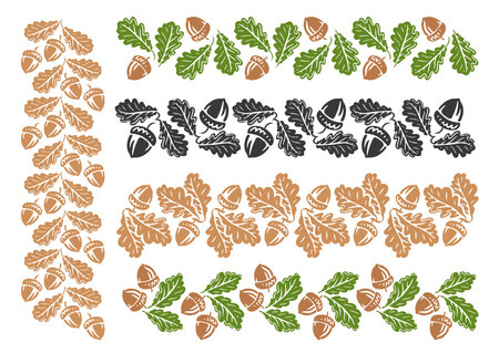 Oak leaves and acorns ornament. Floral pattern, set of decorative elements. Vector illustrationのイラスト素材