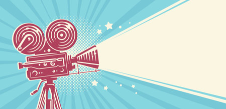 Retro video movie camera shows. Entertainment television show, film festival banner. Vector illustrationのイラスト素材
