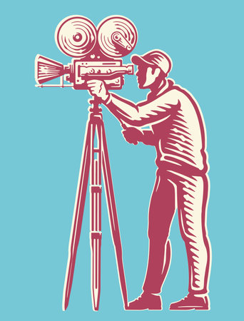 Cameraman shooting video with retro camera. Videographer filming movie, film. Sketch vector...