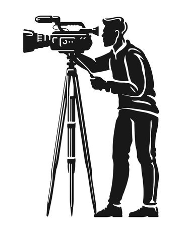 Cameraman standing with camera. Videographer shooting of broadcasting news, movie production or show liveのイラスト素材