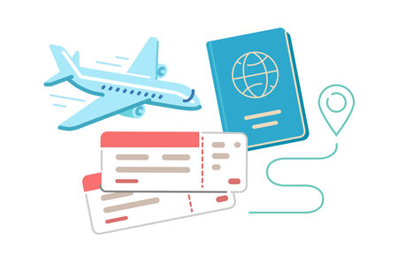 Airplane trip planning, flights abroad, vacations. Passport and tickets. Tourism and travel conceptのイラスト素材