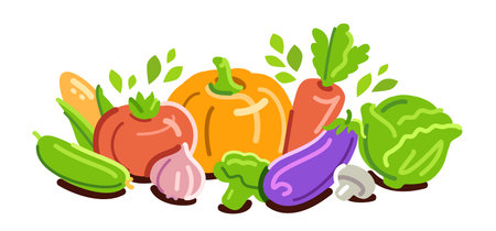 Various fresh vegetables with leaves. Organic farm food. Healthy eating, vegetarian and diet nutrition conceptのイラスト素材