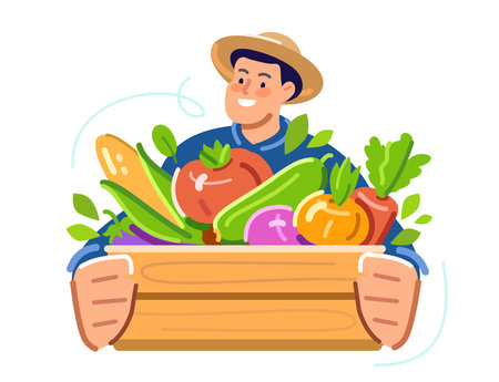 Farmer and crate overflowing with vegetables. Fresh organic food in wooden box. Farm worker, flat design cartoonのイラスト素材