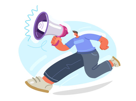 Announcement or promotion, marketing announce. Man is running with megaphone. Vector illustrationのイラスト素材