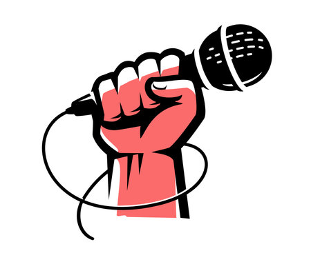 Hand gripping microphone. Reporting live, interview, podcast, open mic symbol. Karaoke, musical entertainment emblemのイラスト素材