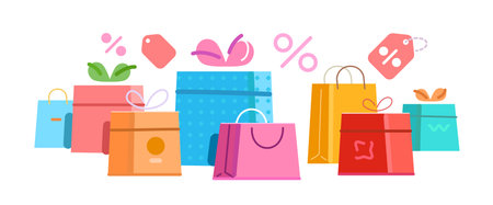 Colored boxes with bows and shopping bags. E-commerce, retail conceptのイラスト素材