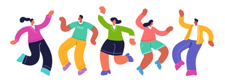 Group of happy people dancing together. Party celebration, fun activity, festive joyful event. Flat vector illustrationのイラスト素材