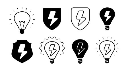 Lighting bolt set of icons. Electrical hazard, electric high voltage sign. Lightbulb, energy symbolのイラスト素材
