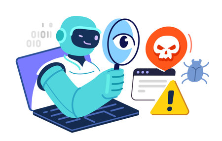 Securing data with AI technology. Robot protects laptop from malware and computer viruses. Cybersecurityのイラスト素材