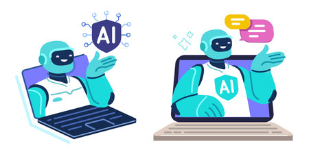 AI online support. Laptop with robot assistant. Artificial intelligence technology conceptのイラスト素材
