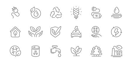 Ecology icons set. Sustainable energy, green technology, recycling and eco-friendly solutions. Line symbolsのイラスト素材