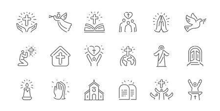 Religion and biblical outline icons set. Prayer, faith, spiritual symbols. Worship conceptのイラスト素材