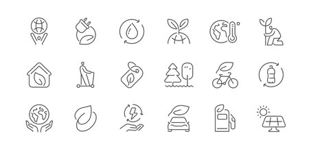 Ecology icons set. Sustainable energy, green technology, recycling and eco-friendly solutions. Environment line symbolsのイラスト素材