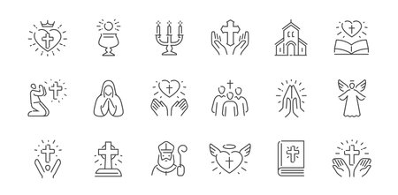 Christian religion line icon set. Faith concept. Holy bible book, spirituality, worship, prayer, church symbolsのイラスト素材