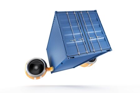 Flying cyan container on turbines illustrate the rapid delivery of cargo