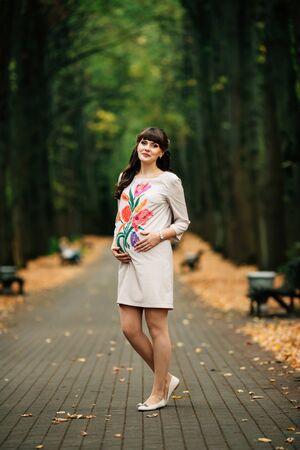 Beautiful pregnant woman is standing lovely on the yellow lawn with her hand on belly. She is enjoying walk in the autumn park.の写真素材
