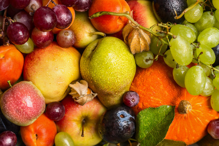 variety of fresh summer fruit and close up, top viewの写真素材