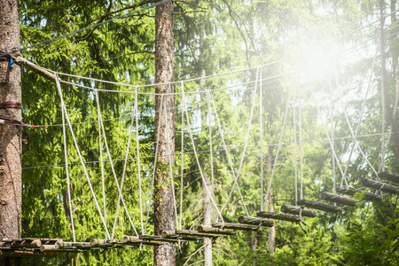 rope bridge in climbing forest or high wire park on nature sunny backgroundの写真素材