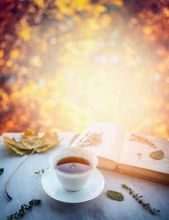 cup of tea with thyme, autumn leaves and open book on wooden window sill on nature autumn blured backgroundの写真素材
