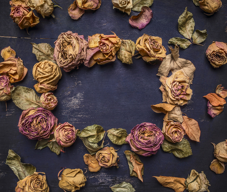 frame with withered, dried roses with text area, vintage style on wooden rustic background top viewの写真素材