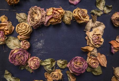 Dried roses with petals, lined frame with space for text on wooden rustic background top view close upの写真素材