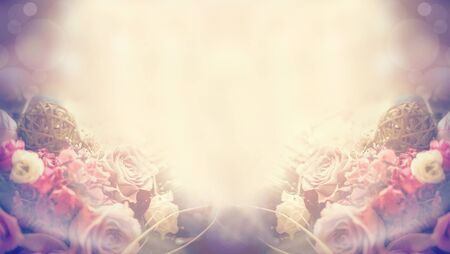 natural spring sunny blurred background with flowers, roses and leaves with bokeh banner for the...