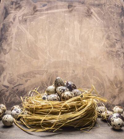 Quail eggs in the nest border, place for text on wooden rustic background top view close upの写真素材
