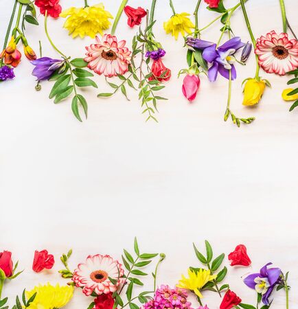 Frame from a variety of spring and summer flowers, space for textの写真素材