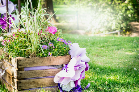 wooden flower bed in the park with colorful spring flowers, on a background of a lawn and the sunlit treesの写真素材