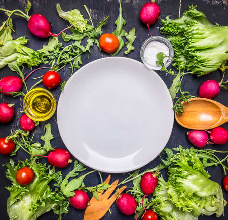 different ingredients for salad, radish, cherry tomatoes and seasonings, the plates are laid out around, place for text,frame top viewの写真素材