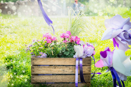 old wooden bed in the park, with pink flowers inside, in a landscape park and sunlightの写真素材