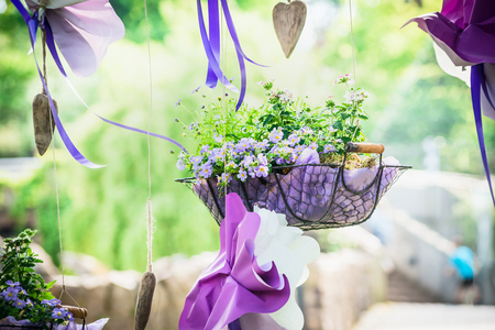 handmade flowerbed with beautiful colored flowers inside, standing on the lawn in the park on a background of blurred natural landscape and the sunlight, sunny summer dayの写真素材