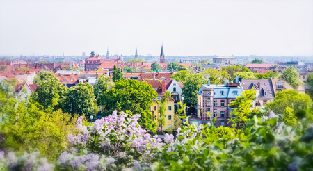 sunny city summer landscape, lots of greenery, beautiful house and trees in the foreground blooming lilacsの写真素材