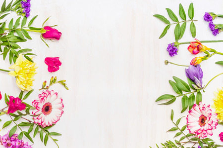 Frame from a variety of spring and summer flowers, space for textの写真素材