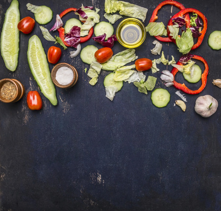 Delicious assortment of farm fresh vegetables  different varieties of lettuce place for text, top view on rustic background, top viewの写真素材