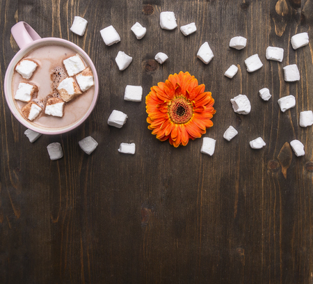 Sweet home made cocoa in a pink cup, with marshmallow, and flowers, on a wooden background, a border space for textの写真素材