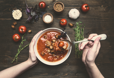 composition of ingredients for the preparation of tomato soup, cherry tomatoes, basil, garlic, herbs, a girl with a spoon eats a soup from a white plateの写真素材