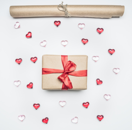 composition for Valentine's Day, packing paper, gift, decorative multi-colored heartsの写真素材