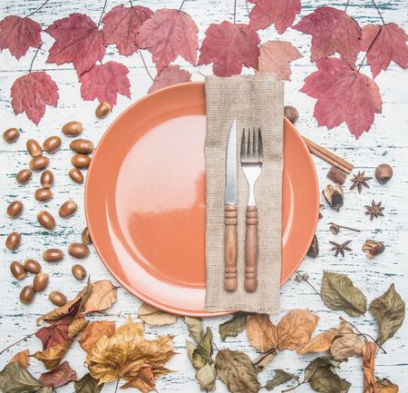 autumn composition, yellow leaves, small pumpkins lined around a brown plate, space for text flat layの写真素材