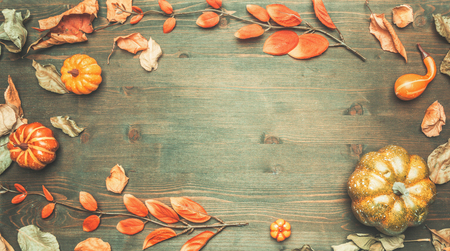 autumn composition, yellow leaves, small pumpkins frame on a wooden background, space for text flat layの写真素材