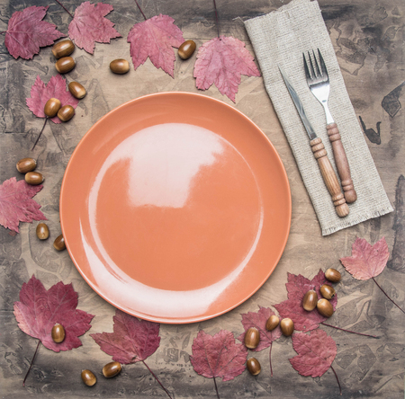 autumn composition, yellow leaves, small pumpkins lined around a brown plate, space for text flat layの写真素材