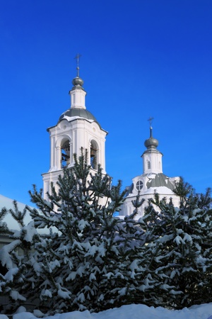 Russian ortodoxal temple over  the blue sky vertical orientationの写真素材